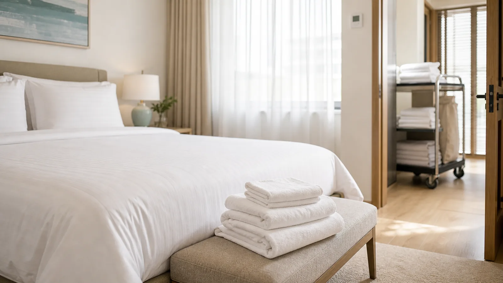 Svetao apartman sa sveže nameštenim krevetom i složenim peškirima