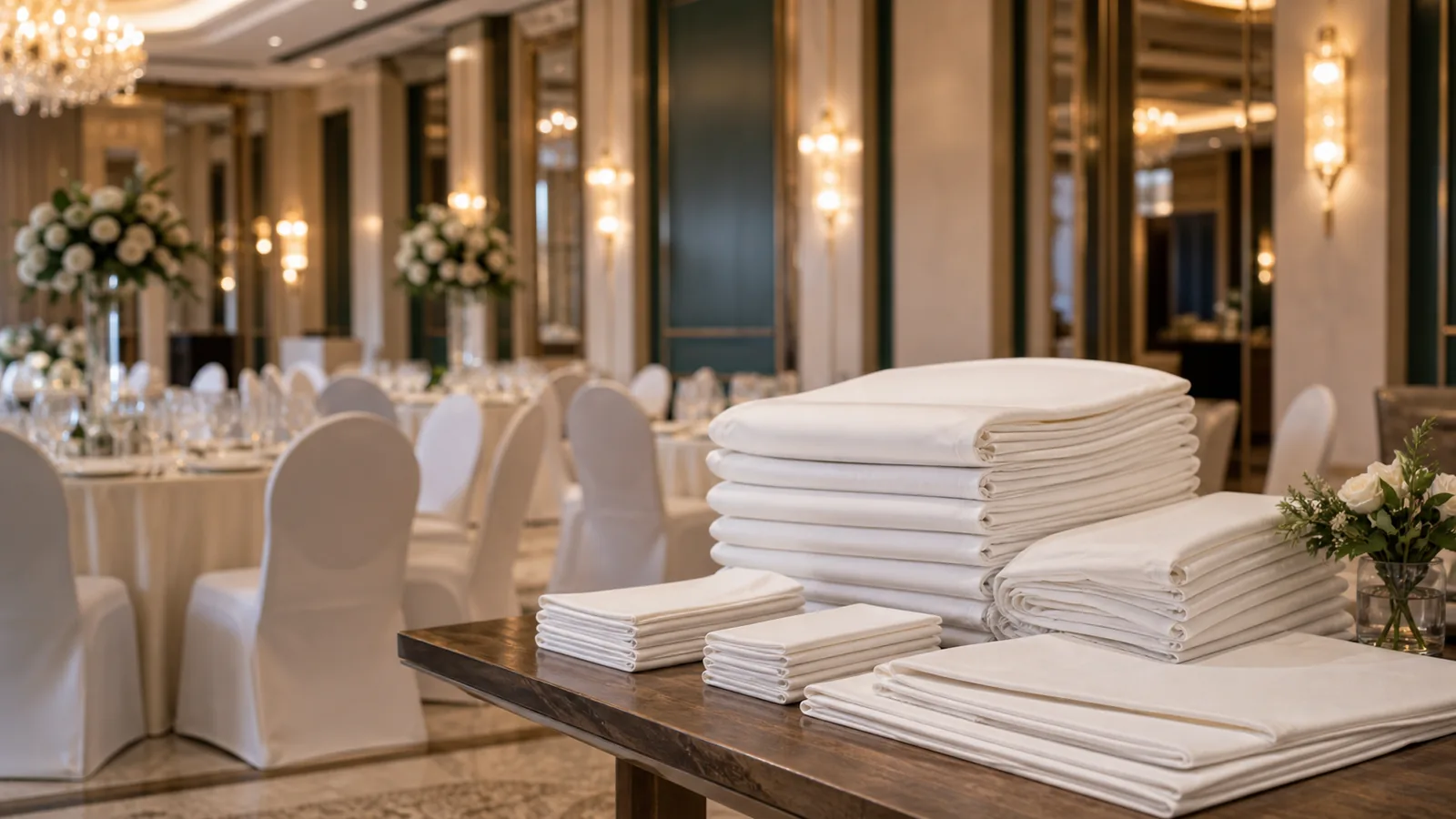 Event tekstil, stolnjaci i presvlake pripremljeni u elegantnoj sali za proslave