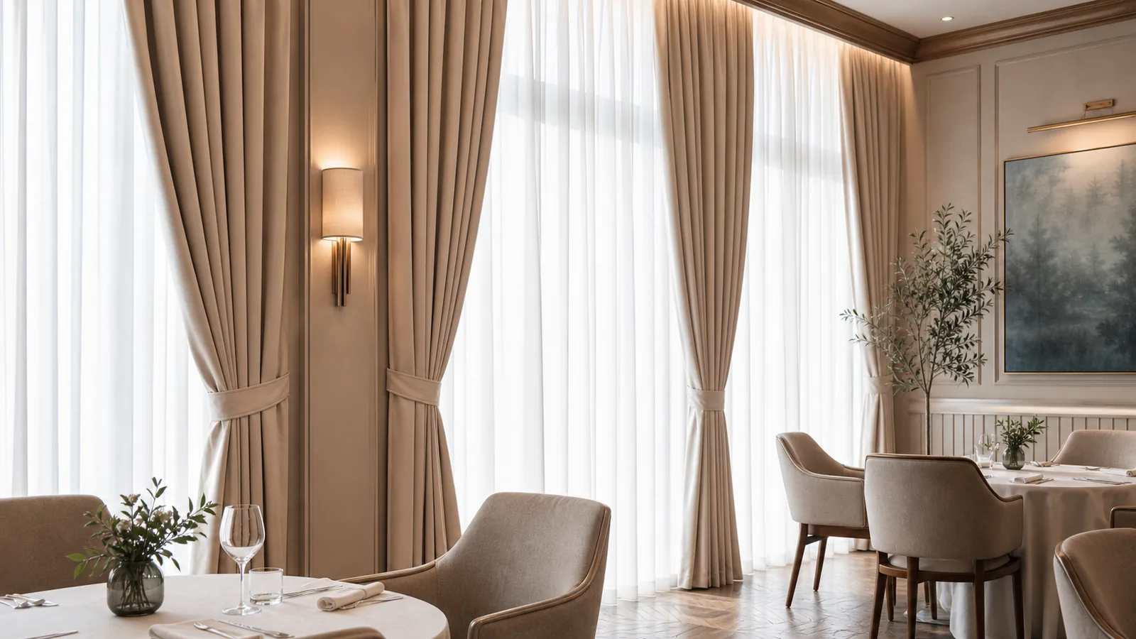 Elegantne krem zavese i draperije u restoranskom ili hotelskom enterijeru