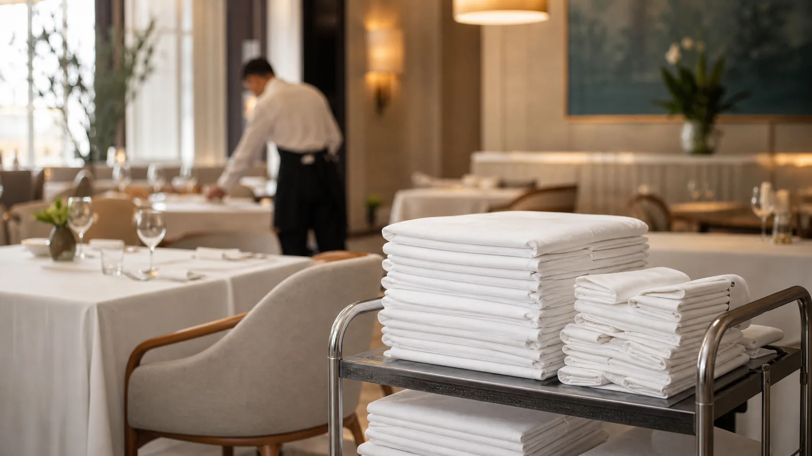 Kolica sa uredno složenim stolnjacima u elegantnom restoranskom prostoru